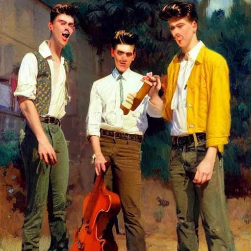 Prompt: three male teens wearing rockabilly outfits and eating yellow popsicles while looking around by gaston bussiere, craig mullins, j. c. leyendecker 8 k