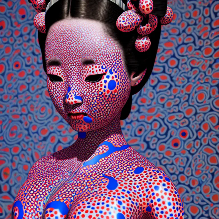 Prompt: hyperrealistic detailed image of a geisha in a art installation room, hd smooth interior by yayoi kusama, part by kei mieno, part by ross tran, dark art by james jean, ultra realistic, highly detailed, life like face, detailed body, 8 k, 3 d render by roger magrini, masterpiece