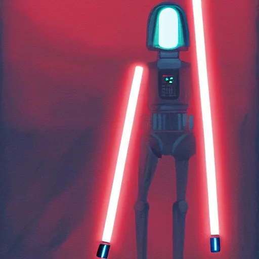 Image similar to robot character, red lightsaber, space, star wars, retrowave, vaporwave, black cloak, concept art, arstation, award winning art by