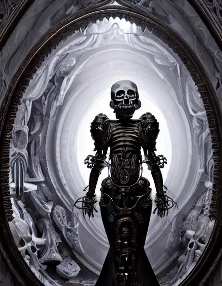 Image similar to still frame from Prometheus by Giger, lich king Dr doom in ornate bio cybernetic bone armour and skull mask helmet in bone chapel by Wayne Barlowe by peter Mohrbacher, dressed by Alexander McQueen and by Neri Oxman, metal couture hate couture editorial