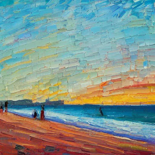 Image similar to leighton beach at sunrise, fremantle, modern, impressionist, highly textured landscape, palette knife, layered, sculptured, dynamic, oil on canvas