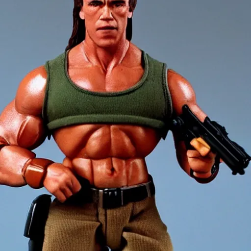 Prompt: a 12 inch action figure of Arnold Schwarzenegger from Commando. Posed. Big muscles. Holding an automatic rifle in his hands. Plastic shiny. Full body feet and head