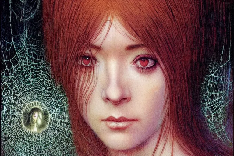 Image similar to cute young alyson hannigan with short hairs in cobweb by jean delville by luis royo and wayne barlowe, beksinski