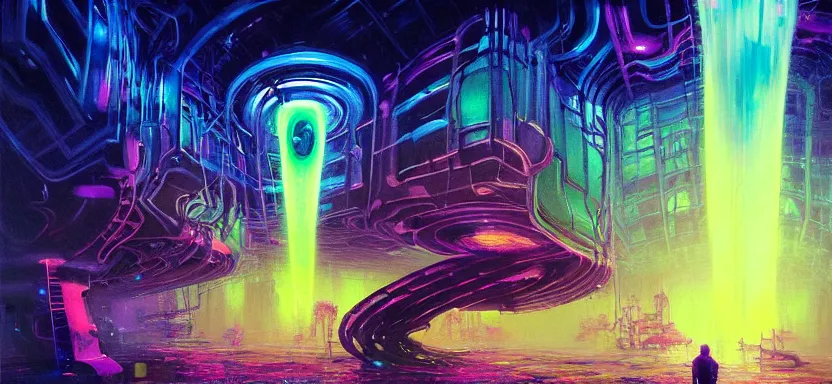 Prompt: beautiful masterpiece painting of an interdimensional wormhole tesseract transport station in a future radioactive glowing swamp, grunge cyberpunk, by Remedios Varo and Anato Finnstark and Greg Rutkowski, dayglo pink, dayglo blue, by Craig Mullins, ilya kuvshinov, krenz cushart, artgerm, 8k, trending on ArtStation