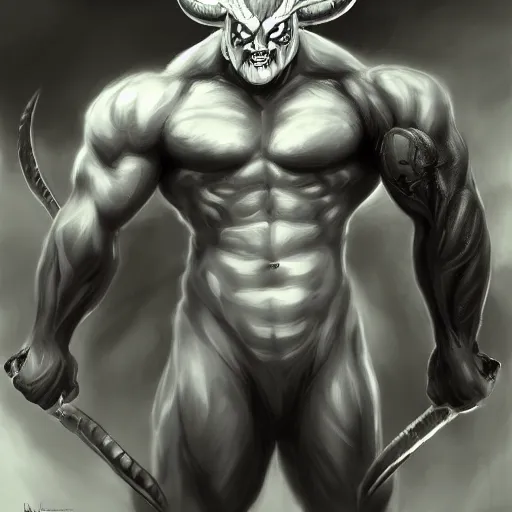 Image similar to muscular demon with white horns, white face, young, careless, focus on face, still, photograph, digital painting, trending on artstation, masterpiece, in the style of JB Casacop