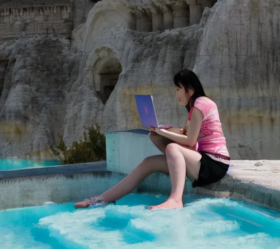 Image similar to Lee Jin-Eun hacking a laptop at Pamukkale by Martine Johanna, rule of thirds, seductive look, beautiful