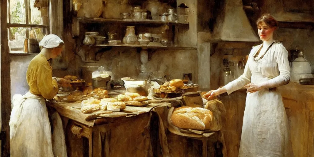 Image similar to a young edwardian woman baking bread in a cozy french kitchen, in the style of anders zorn