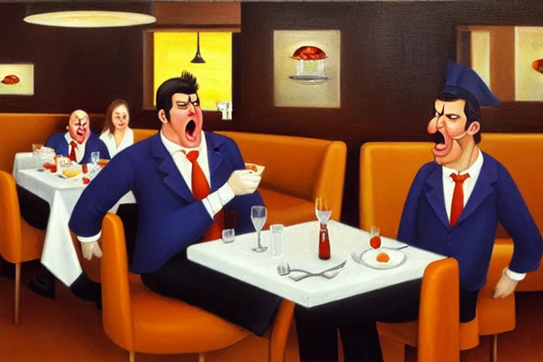 Image similar to a grumpy busser in a restaurant yells at the owner, art by dean macadam