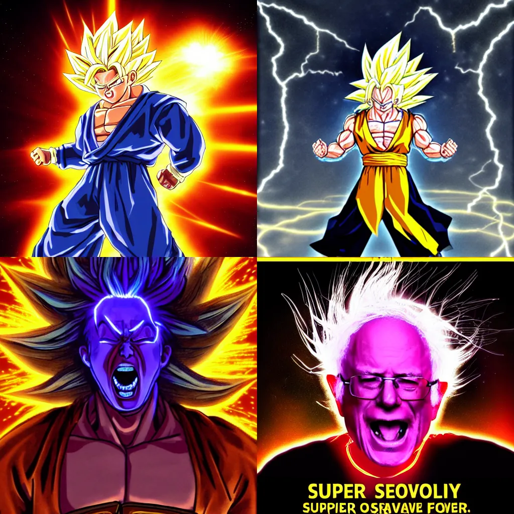 Prompt: Super Saiyan 3 Bernie Sanders screams, glowing golden aura, long spiky hair, digital art, lightning