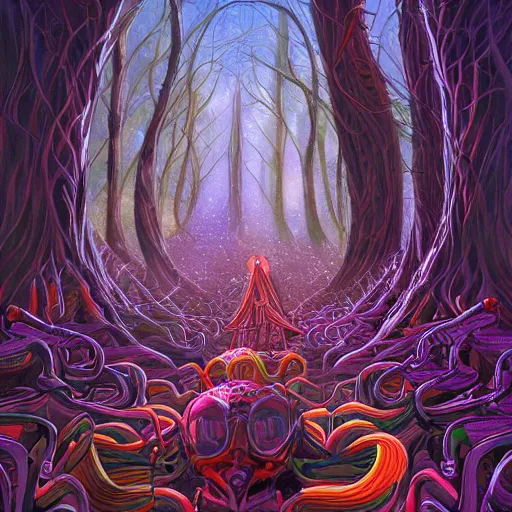 Image similar to dmt-machine-elves by artist-Nathan-Spoor, crawling across the circus floor, climbing up the winding trees