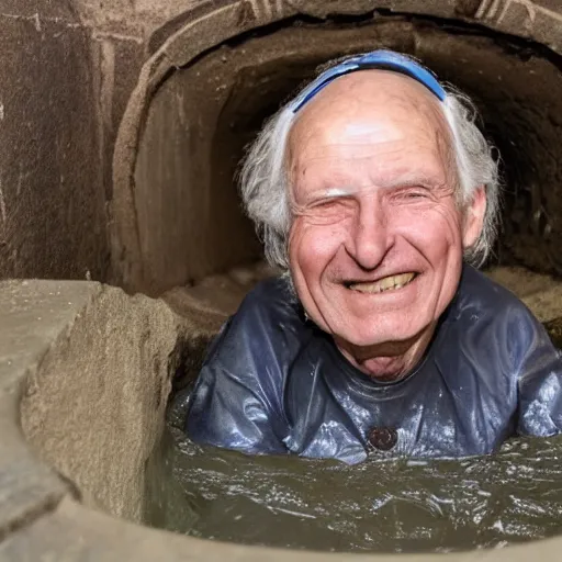 Image similar to a poorly lit smiling old man in a sewer