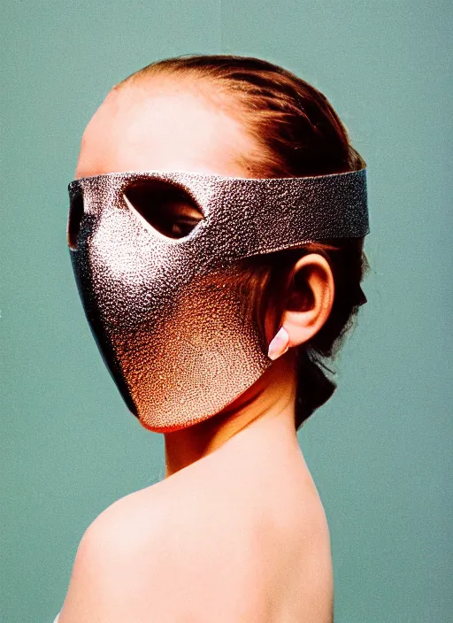 Prompt: a fashion portrait photograph of a woman wearing a metal mask designed by james turrell, 3 5 mm, color film camera,