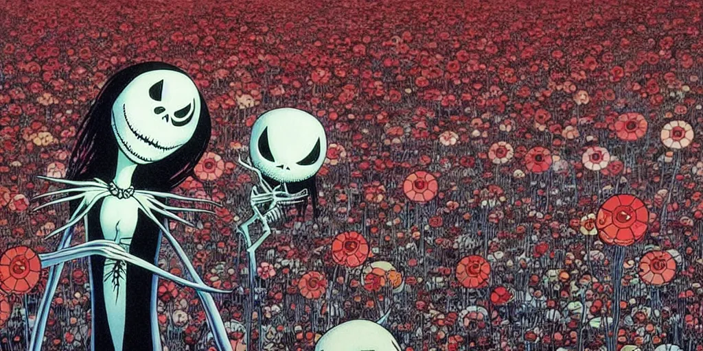 Prompt: nightmare before christmas movie still frame by yuko shimizu by takashi murakami, 😃💀 flowers 😃 garden by beksinski by wayne barlowe