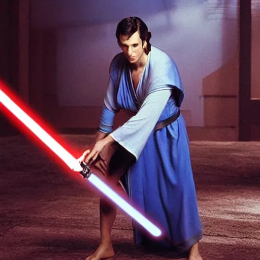 Prompt: Freddie Prinze Jr. as a jedi, battle worn robes, standing in a fighter stance@with a blue lightsaber, photorealistic