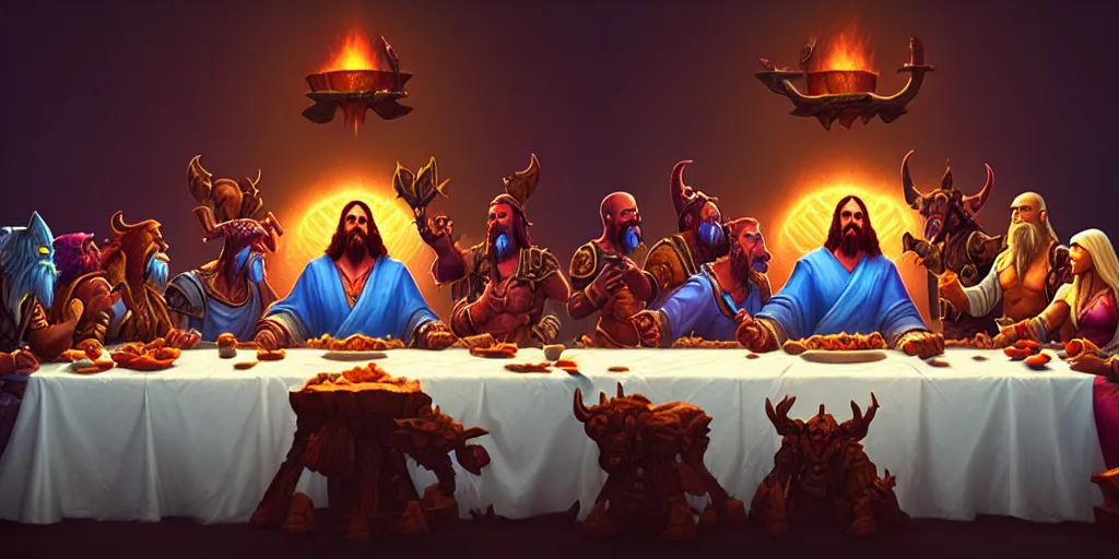 Image similar to world of warcraft last supper by beeple and greg rutkowski, digital painting, trending on artstation, sharp focus, 4 k