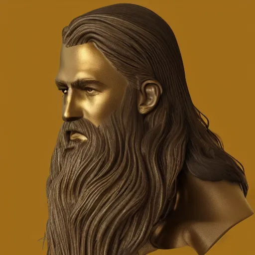 Prompt: a flawless, purely golden man with long hair, with trimmed beard, completely expressionless, casting golden light. entirely golden statue, extremely detailed, full-body statue, award-winning art, trending on Artstation