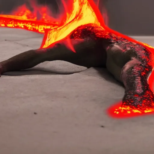Image similar to film still of the tv show the floor is lava, but with real lava. person sinking into lava, 4 k.