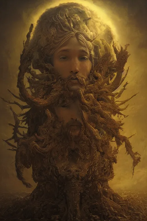 Image similar to Intricate stunning highly detailed deity by agostino arrivabene, Greg Rutkowski , surreal, digital painting, ultra realistic, Horror vacui, dramatic lighting, full moon, ravens, thick black swirling smoke tornado, burning fire embers, artstation