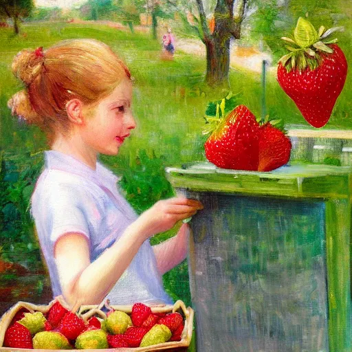 Image similar to Cute Blonde Girl with locks sells Strawberries in a fruit stand, oil on canvas, Impressionism