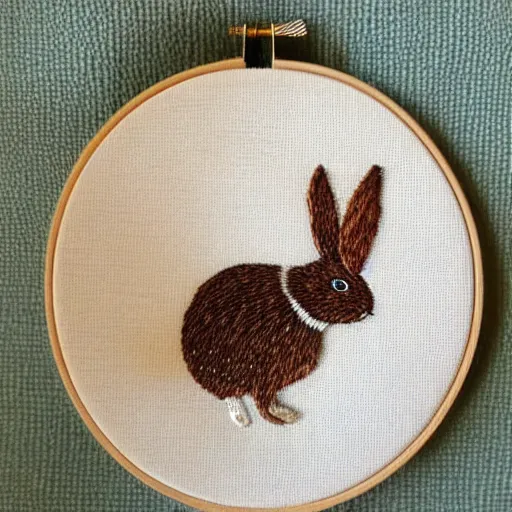 Image similar to a tiny beautiful handmade embroidery of a rabbit. hand embroidery.