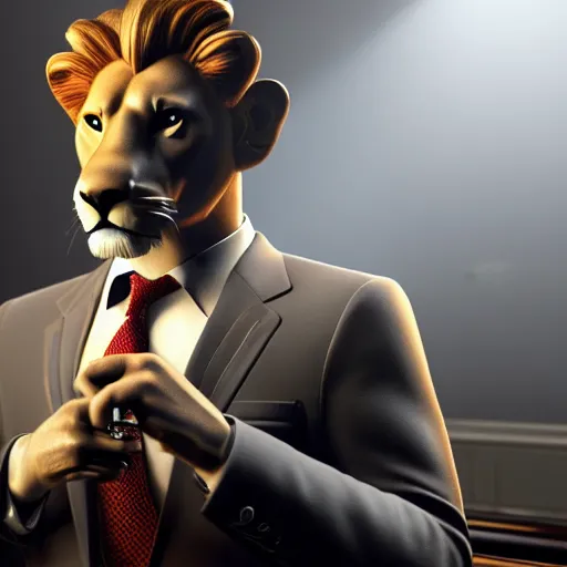 Image similar to a lion smoking a cigar wearing a suit, subject= lion, subject detail: wearing a suit, subject action: smoking a cigar, dramatic lighting, cinematic lighting, establishing shot, photorealistic, high details, cinematic, 8k resolution, extremly detailed, photorealistic, artstation, unreal engine