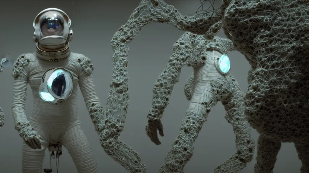 Image similar to a cybernetic symbiosis of a single astronaut eva suit made of wearing knitted yarn thread infected with diamond 3d fractal lace iridescent bubble 3d skin covered with insectoid compound eye camera lenses floats through the living room, film still from the movie directed by Denis Villeneuve with art direction by Salvador Dalí, wide lens,