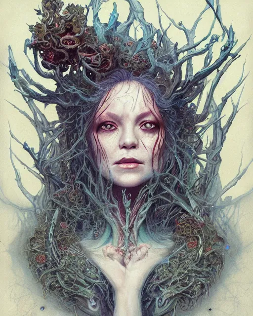 Image similar to a beautiful detailed front view portrait of a dead rotten princess with ornate growing around, ornamentation, elegant, beautifully soft lit, by wayne barlowe, peter mohrbacher, kelly mckernan