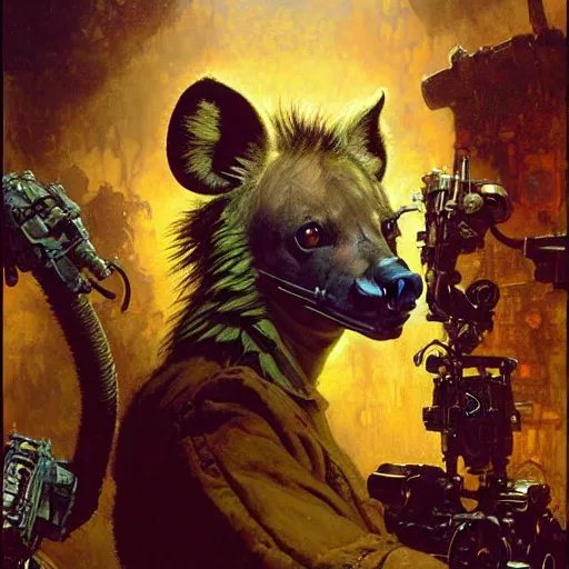 Image similar to portrait of a hyena gnoll doctor scientist. shadowrun furaffiniy cyberpunk fantasy highly detailed painting by gaston bussiere craig mullins jc leyendecker gustav klimt artgerm greg rutkowski john berkey, bergey, craig mullins, ruan jia, raymond swanland, jeremy mann, tom lovell, alex malveda