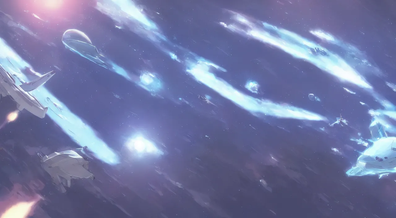 Prompt: starship in low orbit above a planet by Makoto Shinkai