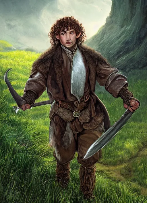 Image similar to A fantasy portrait painting of a male hobbit wearing leather armor on a beautiful meadow, DAZ, hyperrealistic, ambient light, dynamic light, trending on artstation, d&d, RPG portrait