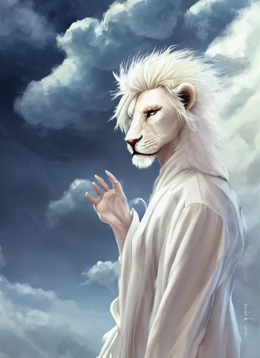 Prompt: aesthetic portrait commission of a of a male fully furry muscular anthro albino lion with a tail and a beautiful attractive hyperdetailed face wearing stylish and creative wearing simple feminine white silky robe outfit in a sci-fi utopian city looking up at a beautiful blue cloudy sky, Hopeful atmosphere. Character design by charlie bowater, ross tran, artgerm, and makoto shinkai, detailed, inked, western comic book art, 2021 award winning film poster painting