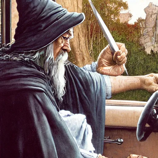 Image similar to gandalf in the drive thru at wendy's working on the weekend by norman rockwell 8 k