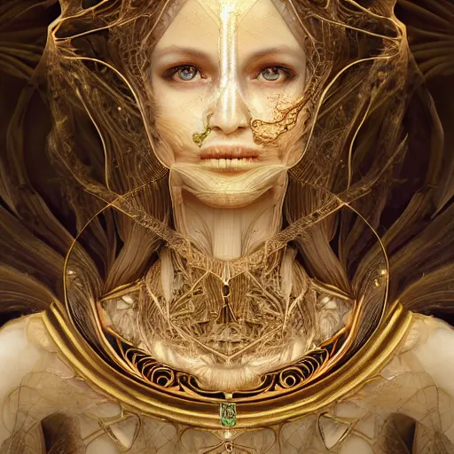 Image similar to human portrait, ethereal, face, crystal, intrincate, cgsociety, devianart, ornate, maximalist, fine art, golden details, carved, tarot card enviroment, rococo, baroco, fractal backgroud