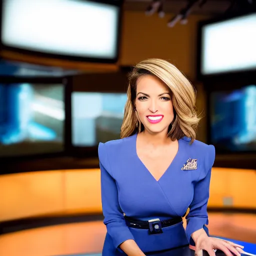 Image similar to cinematic studio photograph of a fox news anchorwoman at work, by daniella zalcman, highly detailed, canon eos r 3, f / 1. 4, iso 2 0 0, 1 / 1 6 0 s, 8 k, raw, unedited, symmetrical balance