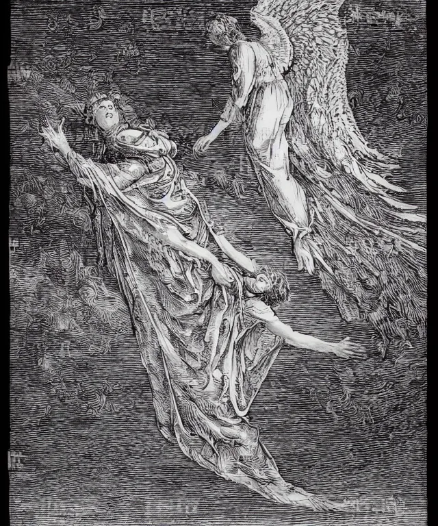 Image similar to silhouette of angel falling from heaven, art by james o barr and albrecht durer and gustave dore, woodblock print, engraved, black and white, vector, vector art