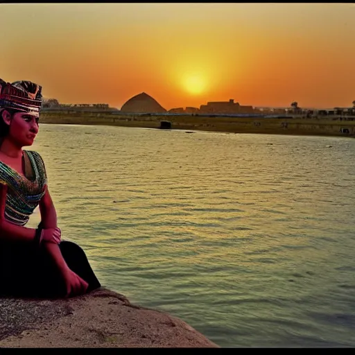 Prompt: egypt woman relaxing on river, coloured historic photo, sunset