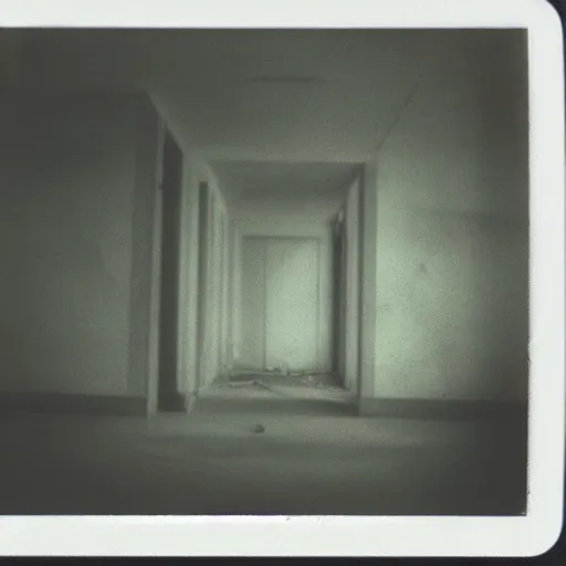 Prompt: polaroid photo of abandoned asylum with ghosts, scary, moody, dark, gloomy, paranoid