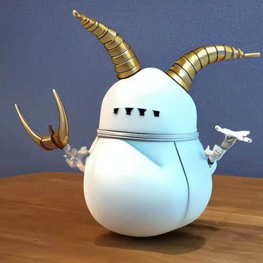 Prompt: a mechanical moomin with big head and horns, space style, metal, 3D art, in style of Baymax, smooth, 8k