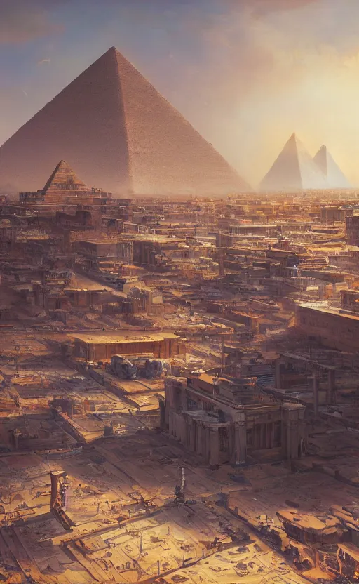 Image similar to Prosperous high tech city in ancient Egypt, masterpiece digital painting by Greg Rutkowski, Alex Grey, artstation, 4k wallpaper
