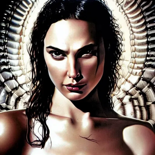 Prompt: a striking hyper real painting of Gal Gadot by H.R. Giger.