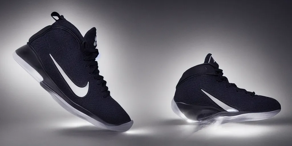 Image similar to Product photography, Space Jam Nike Sneakers, high quality, cinematic lighting, volumetric light scattering, 8k,