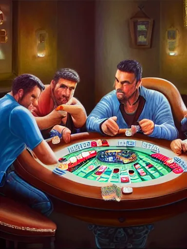 Prompt: half dozen guys playing poker. caotic fight intricate, elegant, highly detailed, digital painting, artstation, concept art, sharp focus, illustration, by justin gerard and artgerm, 8 k