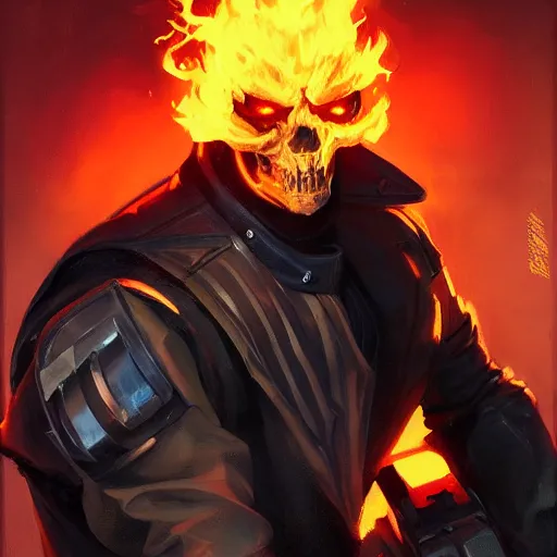 Image similar to greg manchess portrait painting of ghost rider as overwatch character, medium shot, asymmetrical, profile picture, organic painting, sunny day, matte painting, bold shapes, hard edges, street art, trending on artstation, by huang guangjian and gil elvgren and sachin teng