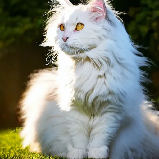 Image similar to a cute white fluffy maine coon cat sitting on the corner of a front yard outside in the late afternoon on a beautiful summer day, sunset