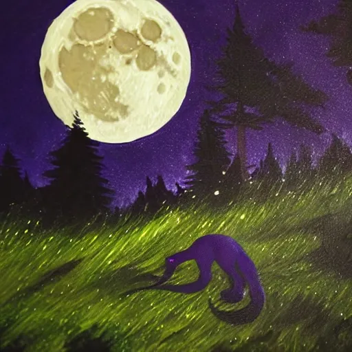 Prompt: closeup of a purple panther roaring at the moon in the forest. night. large moon in the center. cinematic. oil painting. concept art.