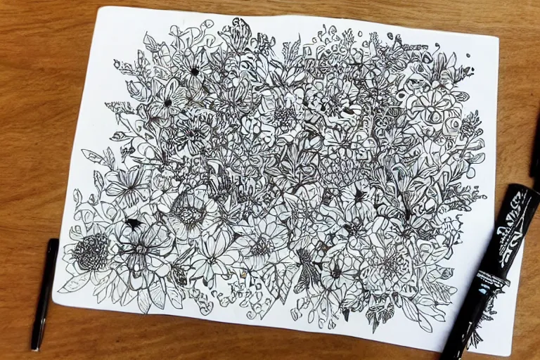 Prompt: floral and plants doodle art, intricate pen and ink drawing