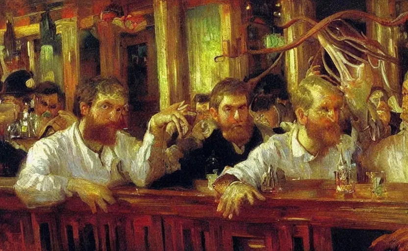 Image similar to high quality high detail painting by ilya repin, giant squid in a bar, hd