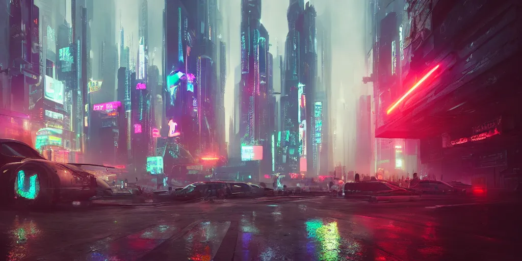 Image similar to i, a cyberpunk city, mist, rain, neon light, giant aircrafts, high definition, trending on artstation