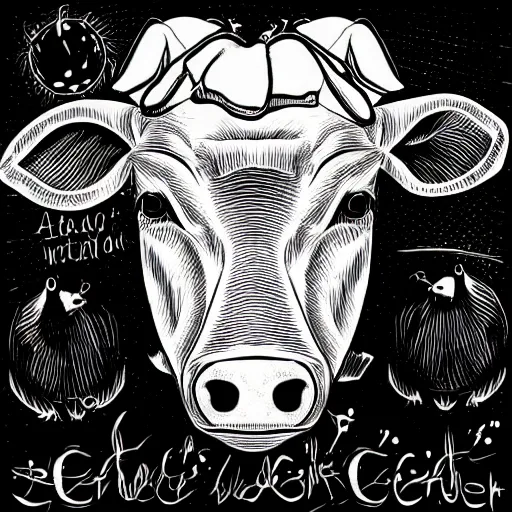 Image similar to antichrist, cow, pig, sheep, chicken, white on black vector ink drawing