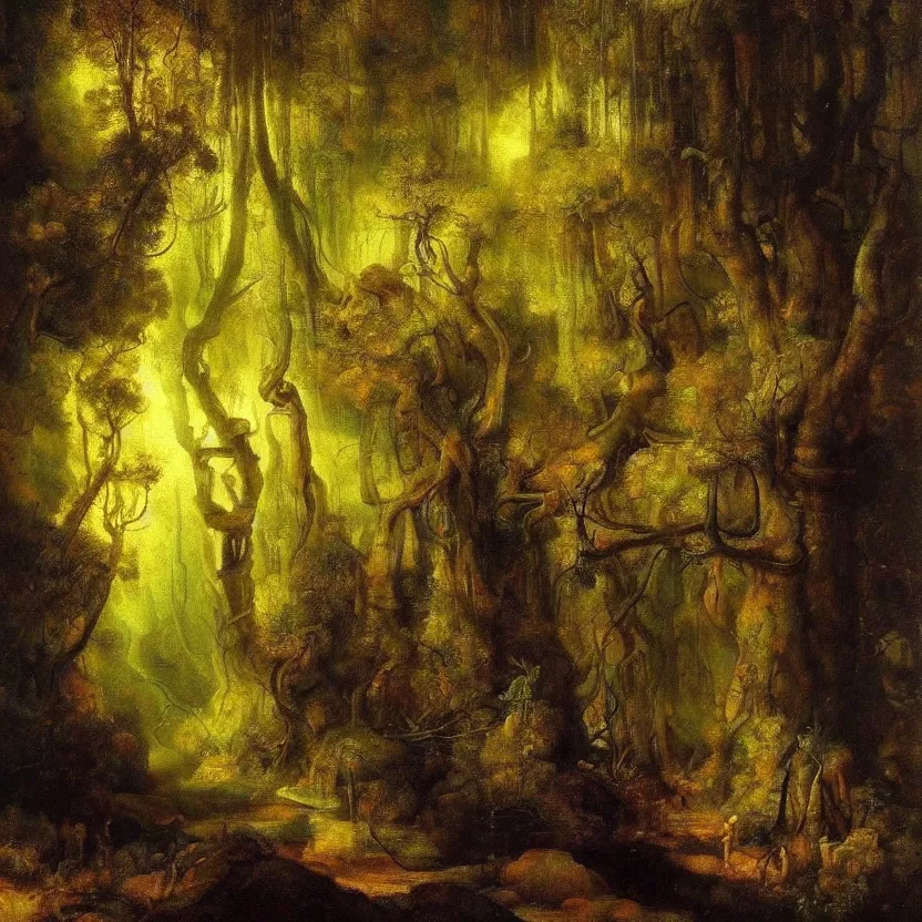 Prompt: An oil painting of a fantasy forest by Rembrandt; otherworldly beauty; beautiful; masterpiece